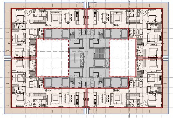 A site amp of a 3 BHK apartments featuring wrap-around balconies.